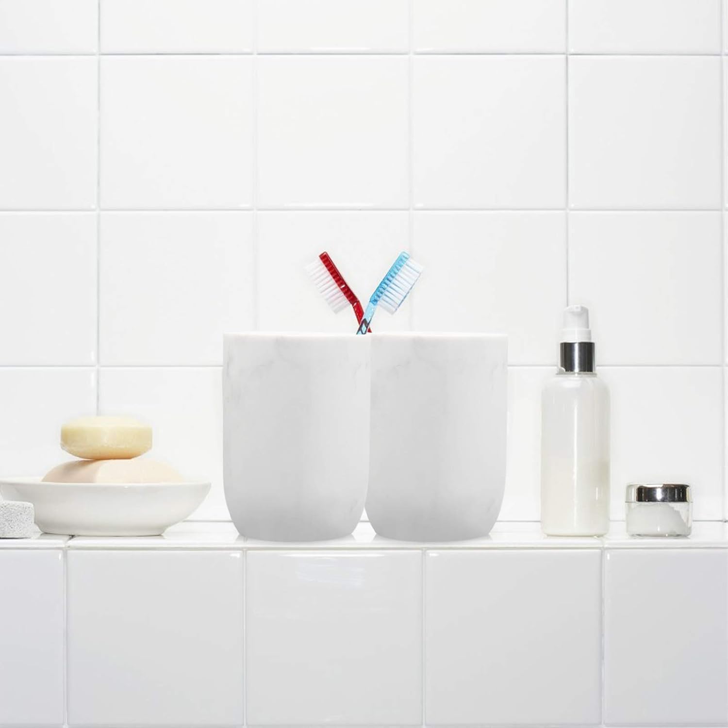 Toothbrush Holder Polyresin Toothbrush Organizer Stand,Multi-Functional Toothpaste Holder Makeup Brushes Cup Razors Holder for Bathroom Vanity Countertop,Ideal for Home, Hotel (Marble Style) (1Pack): Kitchen & Dining