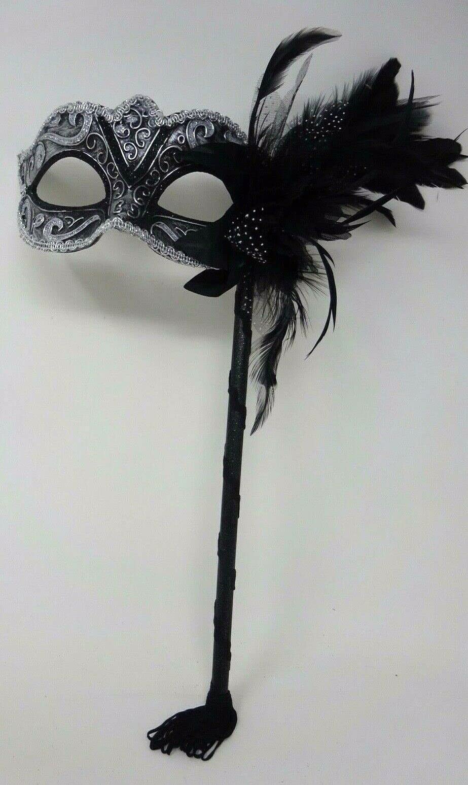 VENETIAN MASQUERADE CARNIVAL PARTY EYE MASK WITH FLOWER BLACK & SILVER ON A STICK - HAND HELD