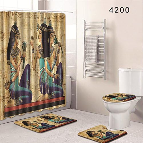 Oyeahbridal Set of 4 African Ancient Egyptian Psychedelic Shower Curtain and Bath Mat Set,Egyptian Mural Decor Waterproof Non-Slip Bathroom Curtain and Rug Set with Hooks(Multi 2)
