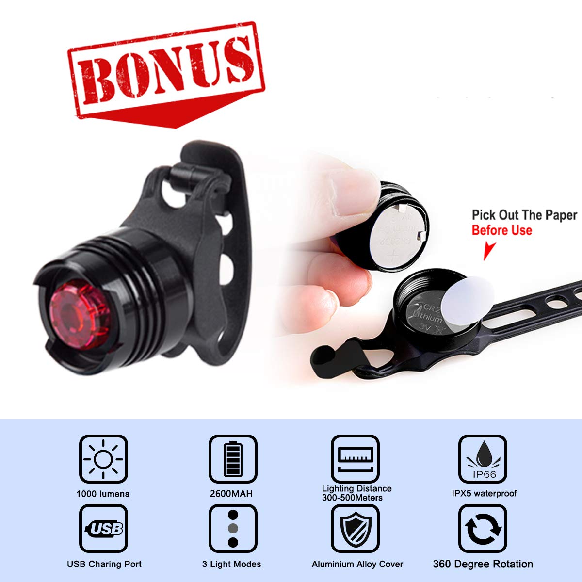 LED Bike Light Set,USB Rechargeable Bicycle Lights Headlight Front and Back Rear Tail Light, Built in 2600 mAh Battery Super Bright Waterproof Safety Flashlight For Mountain Road Kids Men Cycling