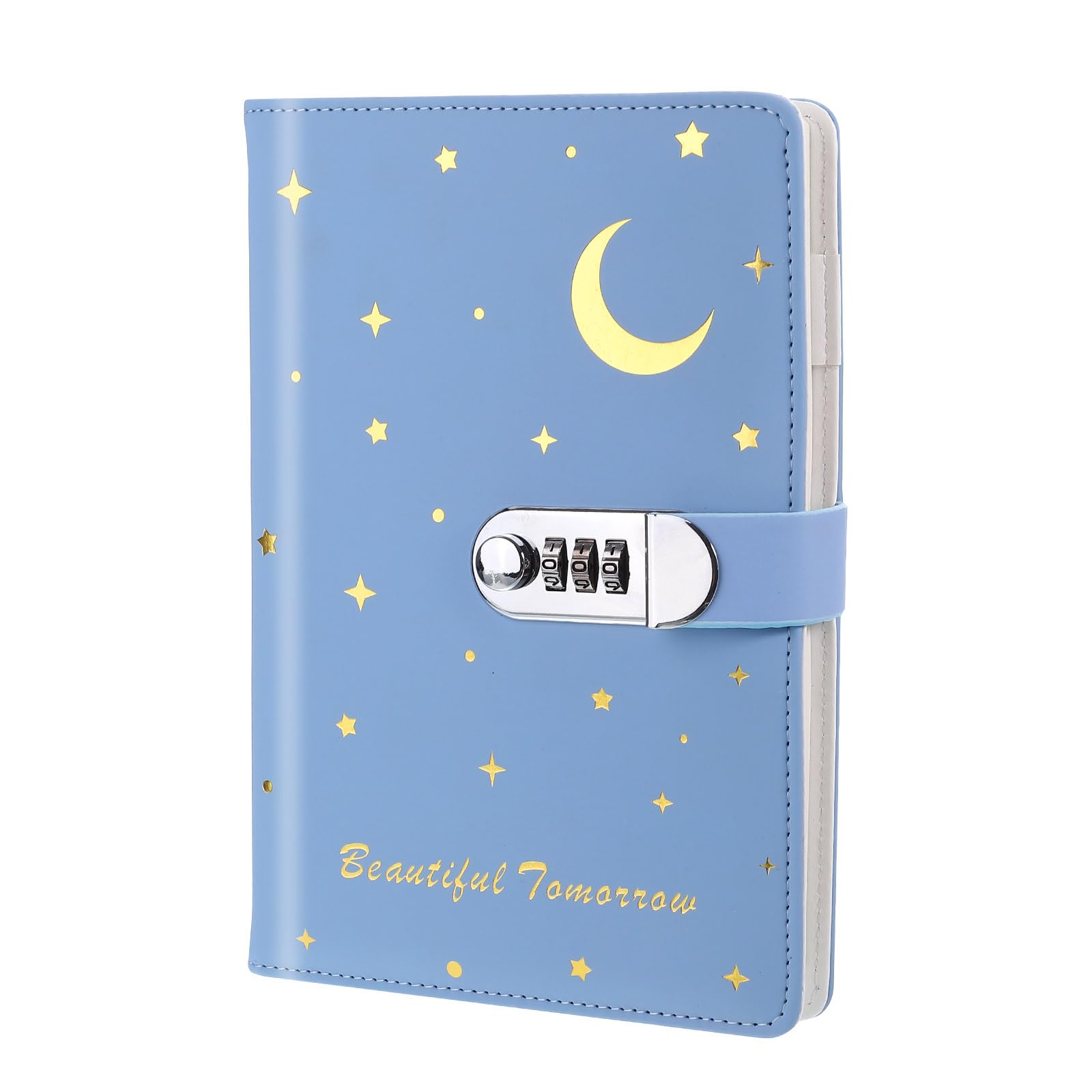 PATIKIL A5 Diary with Lock, Journal with Lock Cute Journaling Leather Notebook Journal 120 Pages Stars Moon Diary with Pen Slot Card Slot Waterproof for Women Gifts, Blue