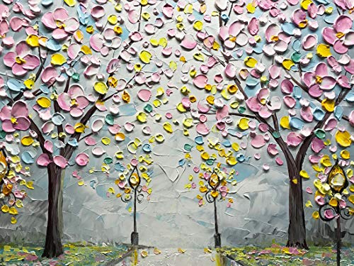 Amei Art Paintings,24x36Inch 3D Hand-Painted Modern Abstract Street View Landscape Artwork Cherry Blossom Tree Oil Painting on Canvas Home Decor Wall Art Wood Inside Framed Ready to Hang
