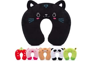 H HOMEWINS Travel Pillow for Kids,Cute Animal Neck Pillow for Boys Girls,Soft Neck Head Chin Support Pillow,Travel Accessories for Airplane, Car, Train,Recline (Black cat)