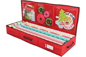 Primode Wrapping Paper Storage Container | Gift Wrap Organizer Under Bed | 41”x14”x6” | Fits 18-24 Rolls Up to 40” | 600D Oxford | Box Holder with Pockets for Ribbon, Bows and Accessories (Red)