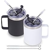 Volhoply 12oz Insulated Leakproof Coffee Mug with Flip & Straw Lid Bulk 2 Pack,Double Wall Vacuum Stainless Steel Travel Tumbler Cup with Handle,Reusable Camping Mugs Keep Cold/Hot(Assorted,2 Set)