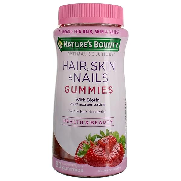 NATURE’S BOUNTY OPTIMAL SOLUTIONS HAIR, SKIN & NAILS VITAMIN GUMMIES WITH BIOTIN, 2500 MCG, STRAWBERRY, 80 COUNT, 40 TOTAL SERVINGS