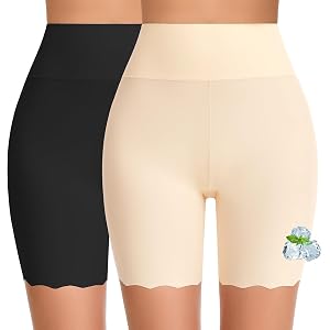 FRESBEIT Cooling Slip Shorts for Women Under Dress Anti Chafing Biker Short | High-Waisted seamless shapwear shorts scalloped