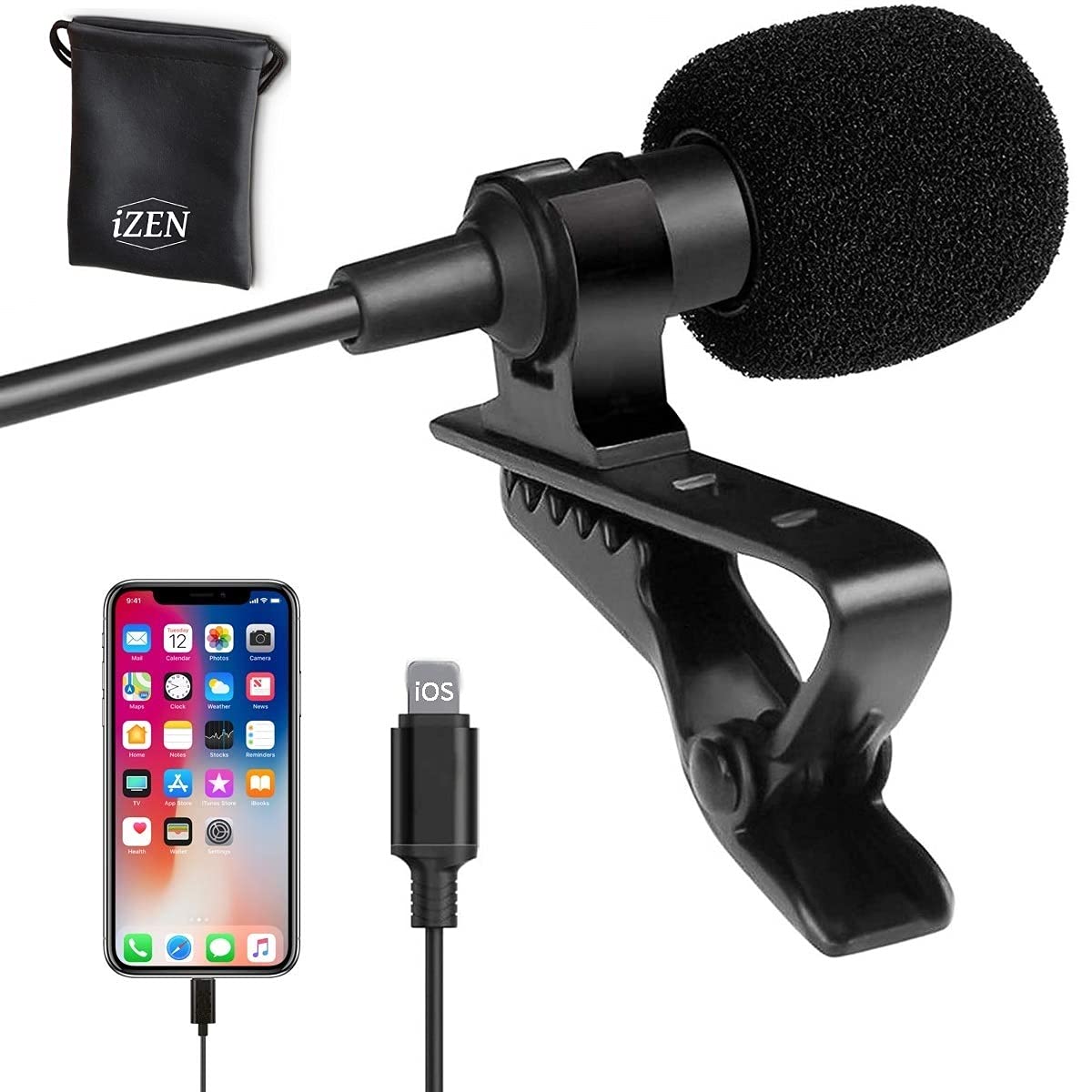 iZEN 2M/6.5ft Mini Lapel Lavalier with clip on Microphone for any iPhone 8/X/XS/XR/11/12/13 and iPad Lapel Omnidirectional Condenser Mini Lavalier Mic iPhone Microphone for Recording on iOS devices — image 1