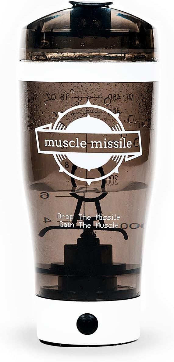 Muscle Missile Rechargeable Electric Protein Shaker Bottle, 100% BPA Free, Portable Mixer Blender Bottle, Leak Proof, Includes Supplement Storage and Micro USB Cable