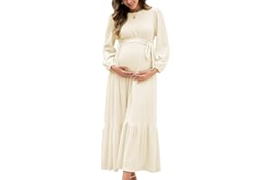 AISWI Women's Maternity Maxi Dress with Belt Long Sleeve Crew Neck Pregnancy Dresses with Pockets Baby Shower Photoshoot