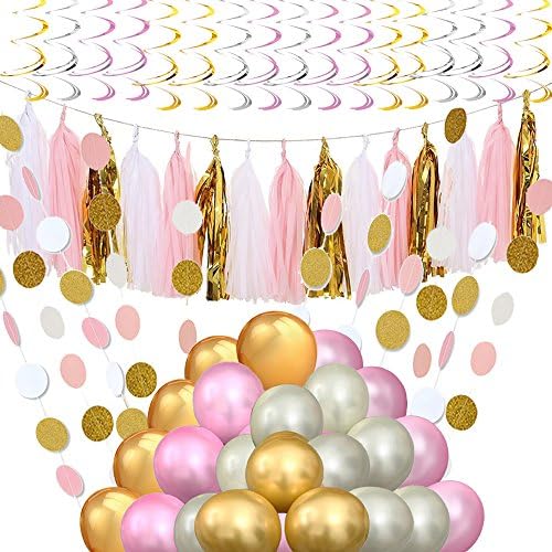 Party Supplies and Party Decorations - 60 Pcs Party Balloons, 15 Pcs Tissue Paper Tassels, 2 Pcs Polka Dot Paper Garland, 12 Pcs Plastic Swirl Hanging Decorations - Perfect for Birthdays, Weddings