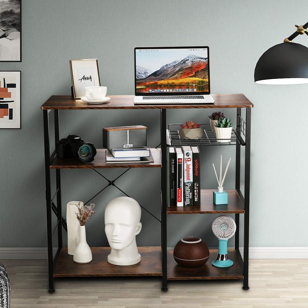VANSPACE Industrial Kitchen Baker's Rack Utility Storage Shelf Microwave Stand 3-Tier + 3-Tier Kitchen Storage Cart Table for Spice Rack Organizer Workstation with 5 Hooks - 35.5" Retro Brown: Kitchen & Dining