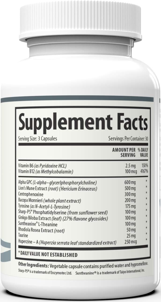 Support Healthy Brain Function with Nootropics, Improve Memory and Boost Focus - Alpha GPC, Lion’s Mane Extract, Bacopa Monnieri, Phosphatidylserine, Ginkgo Biloba, Rhodiola Rosea, Huperzine A: Health & Personal Care
