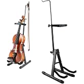 ROWELL Violin Stand Violin Stands with Bow Holder Foldable Portable Viola Stand Height Adjustable Violin Stand with Head Protection Lock &amp;Anti-slip Foot Covers (Black)
