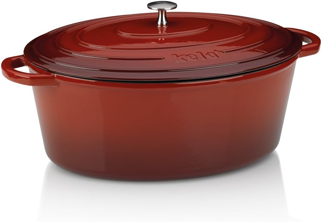 Kela11943 Roaster with Lid, Cast iron, Enamel coating, Conserves Heat, Suitable for induction, 9.5 L, Red, Oval, Calido