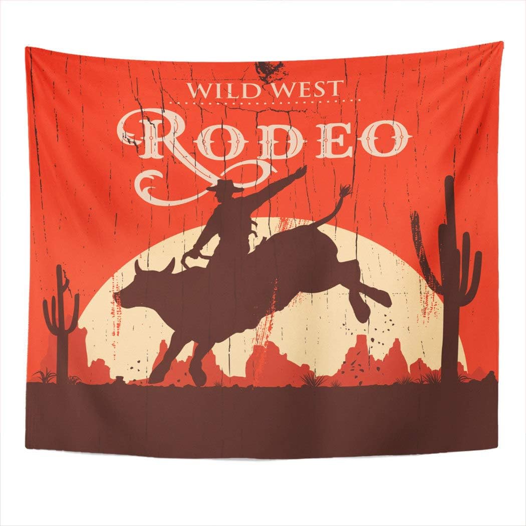 Suklly Tapestry Wall Hanging Rodeo Cowboy Riding Bull A Wooden Sign Home Decor Polyester Living Bedroom Dorm 60 X 80 Inches Picnic Mat Beach Towel Bed Cover