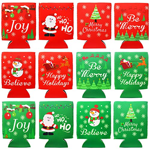 Tifeson Christmas Beer Can Coolers Sleeves - 12 Pack Xmas Holiday Can Insulated Covers for Christmas Party Decorations Supplies - Neoprene Coolers for 12-Ounce Canned Beverages, Bottle, Drink