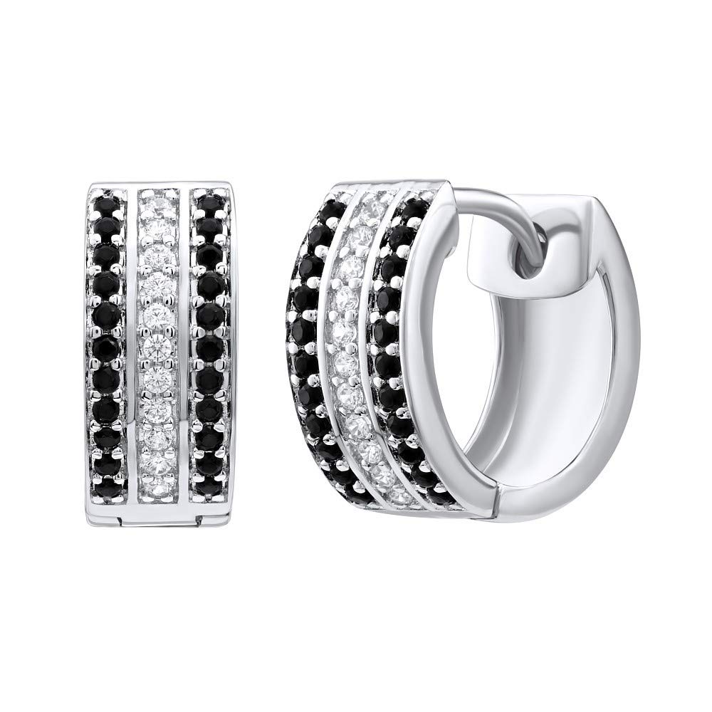 SILVEGO - FW9293E - Women 925 Sterling Silver Earrings Hoops with Black and Clear Zirconia