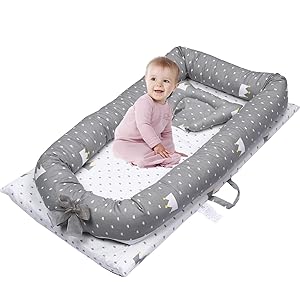 Mooedcoe Baby Nest with Extra Pillow, 0-28 Months Baby Lounger Newborn Baby Cribs Bassinet Co Sleep Portable Bed 100% Cotton Soft Mattress