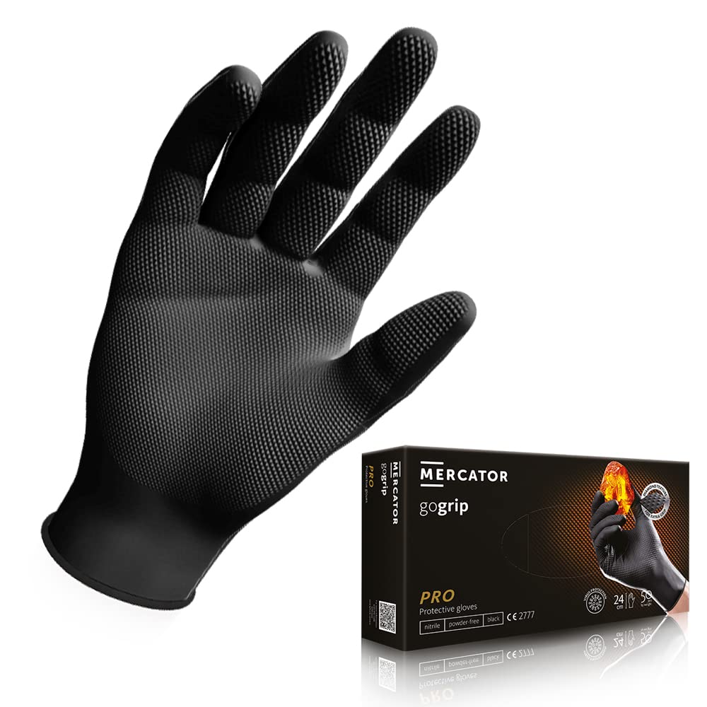 MERCATOR MEDICAL Nitrile Gloves GoGrip Black, Size: XL - 50 Pcs, Disposable Protective Gloves, Powder-Free, Examination Gloves, Latex-Free, 2X Thicker, Diamond Texture