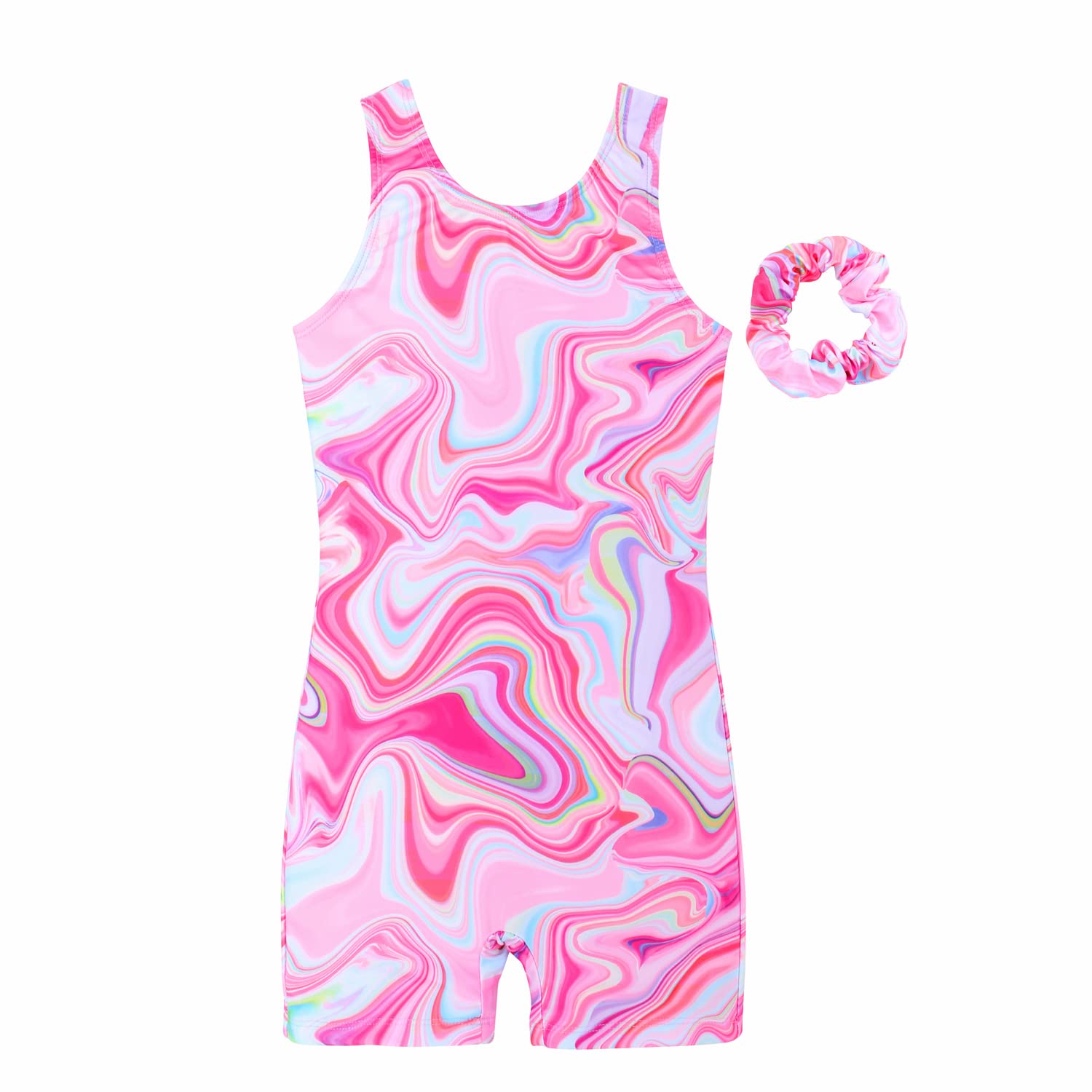 Photo 1 of JESKIDS Leotards for Girls Gymnastics with Shorts Dance Biketards Tumbling Matching Hair Scrunchie Red Marbling 12-13 Years