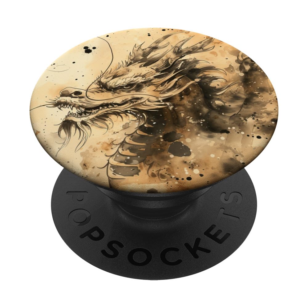 Asia Brown Watercolor Japanese Dragon PopSockets Swappable PopGrip