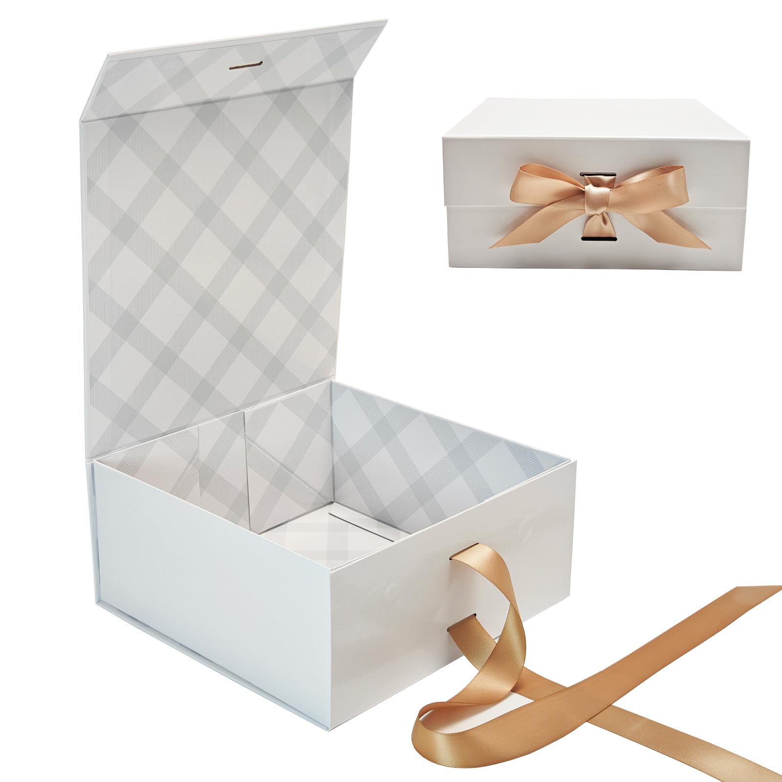 Tekhoho White Gift Box 22x22x10cm, Premium Present Box with Magnetic Lid and Ribbon for Holidays Wedding Birthday Gift Packaging, Plaid Lining