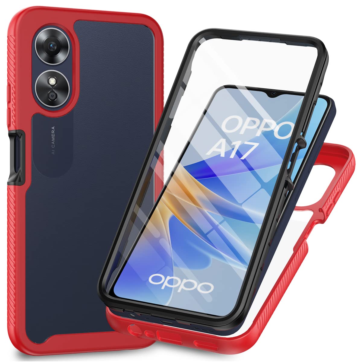 XINNI Case for OPPO A17 4G, 360 Degree Shockproof Protective All-Round Protection with Built-in Screen Protector, Robust Bumper Outdoor Cover, Red — image 1