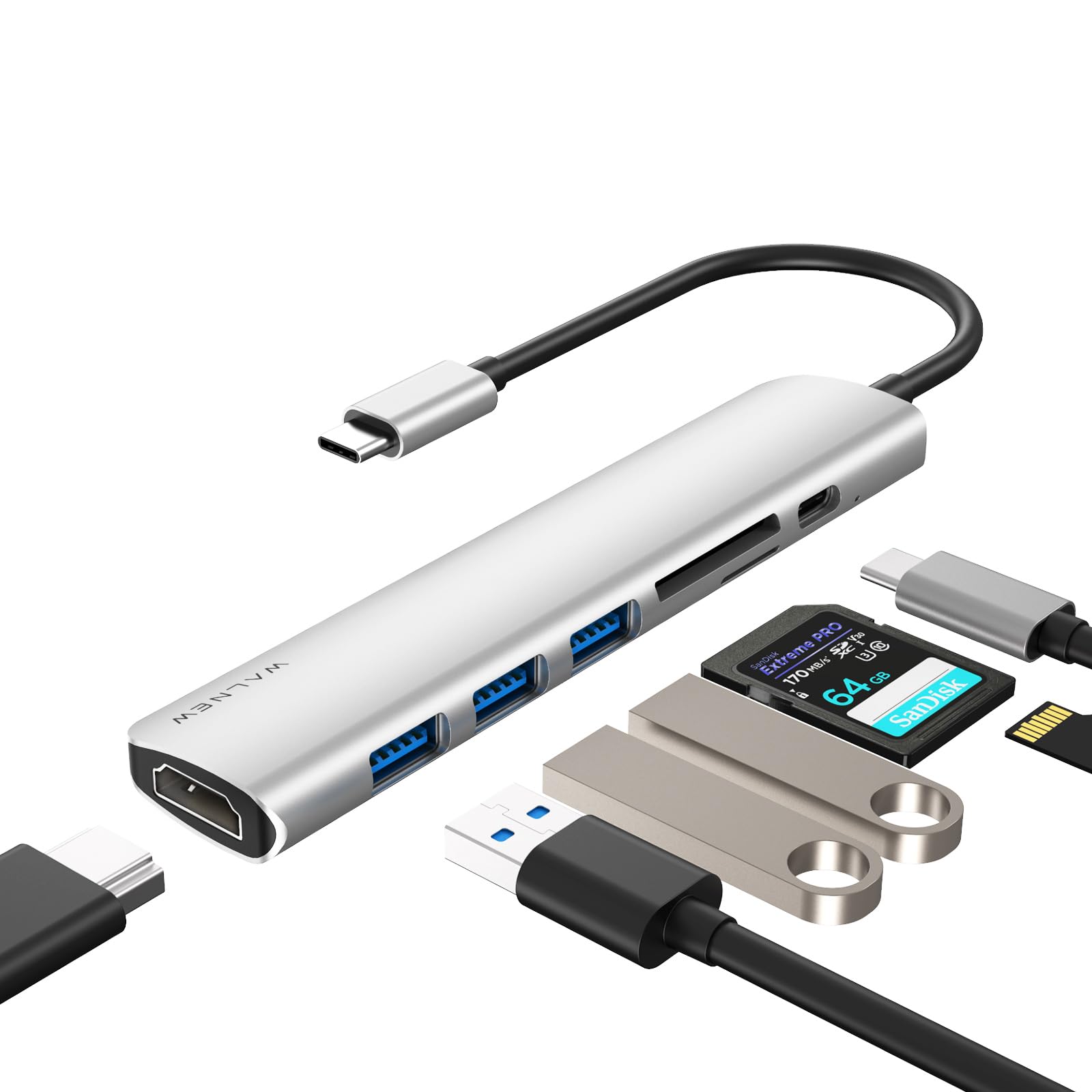 WALNEW USB C Hub, 7-in-1 USBC Docking Station with 4K HDMI,100W PD,SD/TF Card Reader,USB 3.0, Type C Multiport Dongle Adapter for MacBook,Mac,iPad,Surface Laptop,Chromebook,Dell XPS,Samsung Galaxy Tab