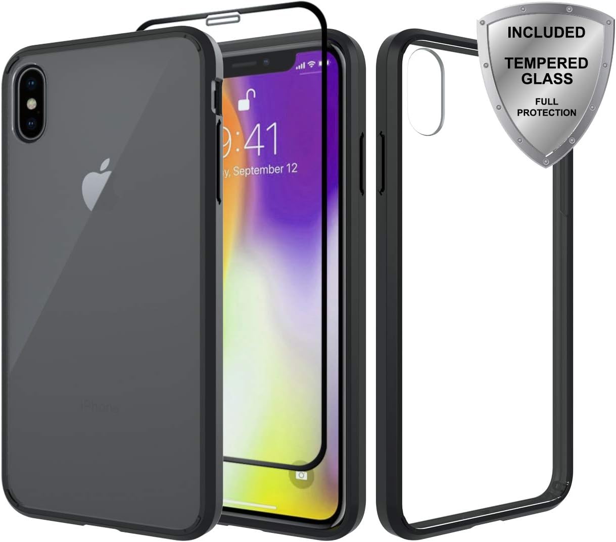 ChangeJ Case for iPhone Xs Max Case, [ Full Coverage Screen Protector ] Slim Shock Absorption Flexible TPU Bumper Clear Flower Pattern & Rigid Hard PC Back Cover for iPhone Xs Max 6.5 inch - Black