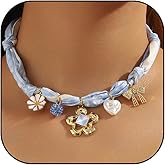 Scarf Necklace with Charms for Women Fabric Braided Choker Necklace with Pearl Crystal Flower Boho Gold Pendants Trendy Jewelry for Summer Beach Gifts & Daily Outfits