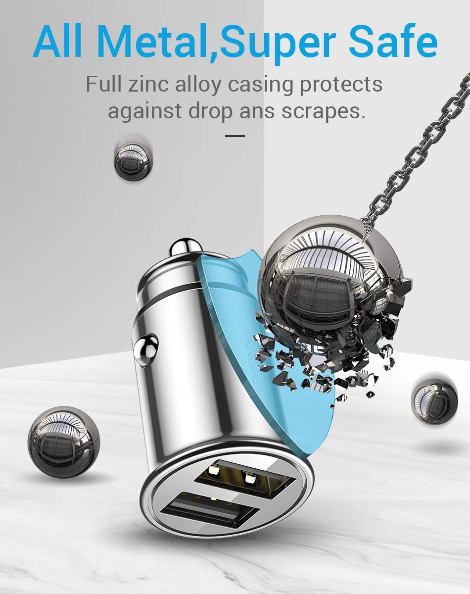AINOPE Car Charger, 4.8A All Metal Car Charger Adapter Dual USB Port Fast Car Charging Mini Flush Fit Compatible with Xs max/XR/x/7/6s, Air 2/Mini 3, Note 9/Galaxy S10/S9/S8, Phone, Tablet-Silver