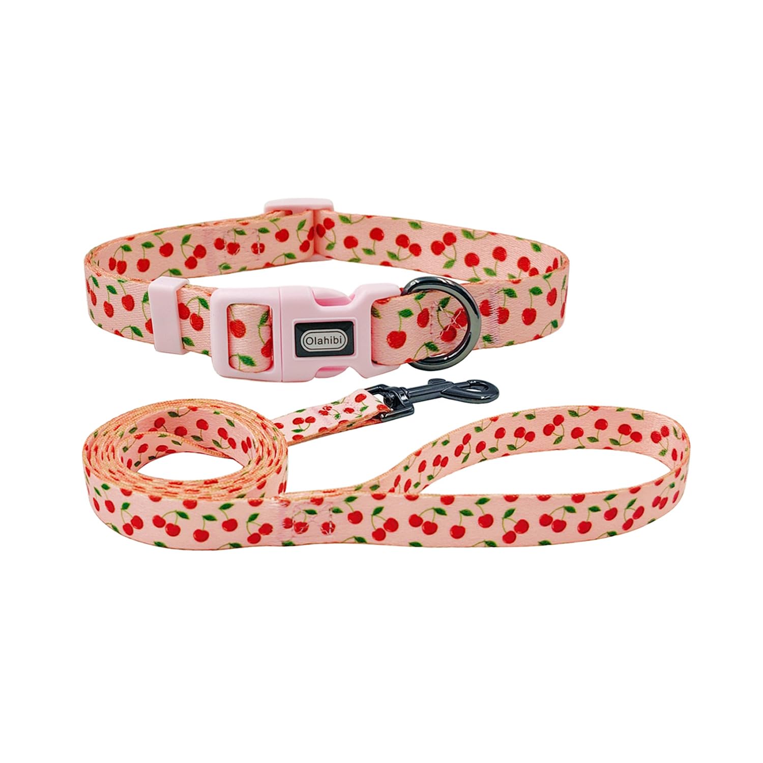Olahibi Dog Collar and Leash Set, Cute Cherry Pattern, Polyester Material, 5ft Leash, for Puppy Dogs.(XS,Pink Cherry)