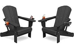 KINGYES Folding Adirondack Chair Set of 2, Dual Cup Holders & All-Weather HDPE, Wood-Like Patio Chair for Backyard, Camping, Pool & Fire Pit, Black