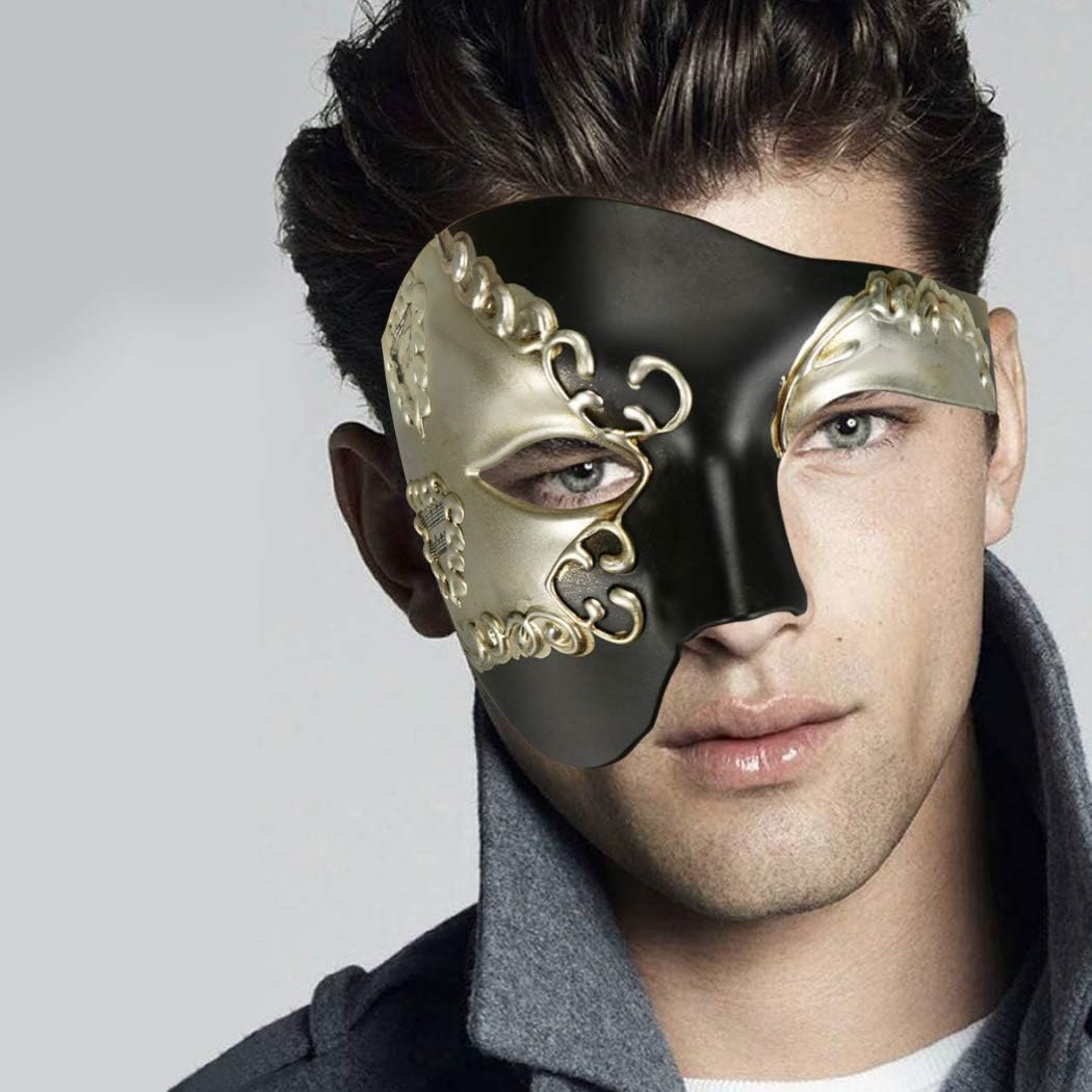 Thmyo Vintage Design Half Face Men's Phantom Of The Opera Venetian Carnival Masquerade Mask (Black&Silver) - Image 3