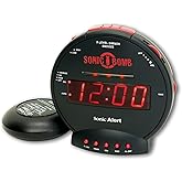 Sonic Bomb Dual Extra Loud Alarm Clock with Bed Shaker, Black | Sonic Alert Vibrating Alarm Clock Heavy Sleepers, Battery Bac