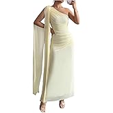 GORGLITTER Women's Ruched Wedding Guest Cocktail Maxi Dress One Shoulder Summer Mesh Bodycon Formal Prom Sun Dresses