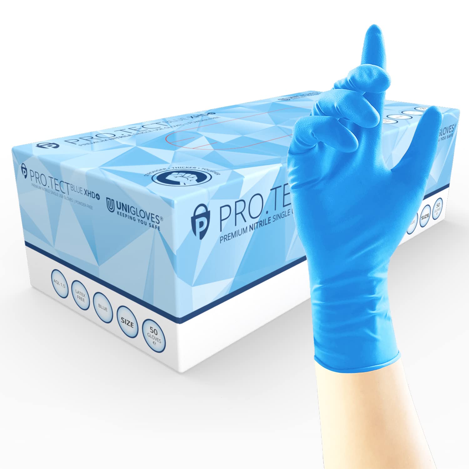 UNIGLOVES PRO.TECT Blue XHD+ Nitrile Disposable Gloves - Ultra Heavy Duty, Single Use, Multipurpose, Powder Free Gloves - Box of 50 Gloves, Blue, Large (GA0104)