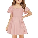 Haloumoning Girls Ruffle Short Sleeve Smocked Summer Dress Kids Square Neck A Line Flowy Mini Dresses 5-14 Years