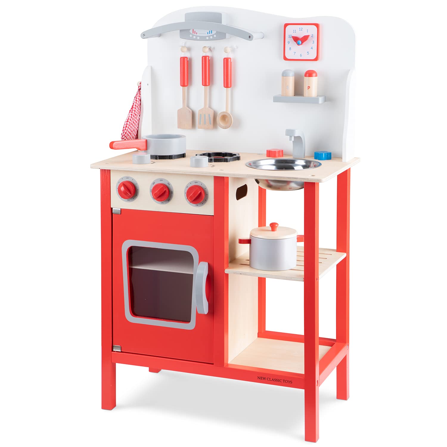 New Classic Toys Red Wooden Pretend Play Toy Kitchen for Kids with Role Play Bon Appetit Included Accesoires