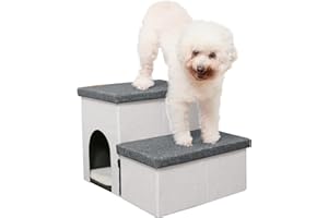 HOMELYSIAN Dog Stairs for High Beds, Folding Pet Steps for Small Dogs and Cats with Storage and Condo, Non-Slip Dog Steps for Couch and Bed up to 22 inches(2 Steps, White-Dark Grey)