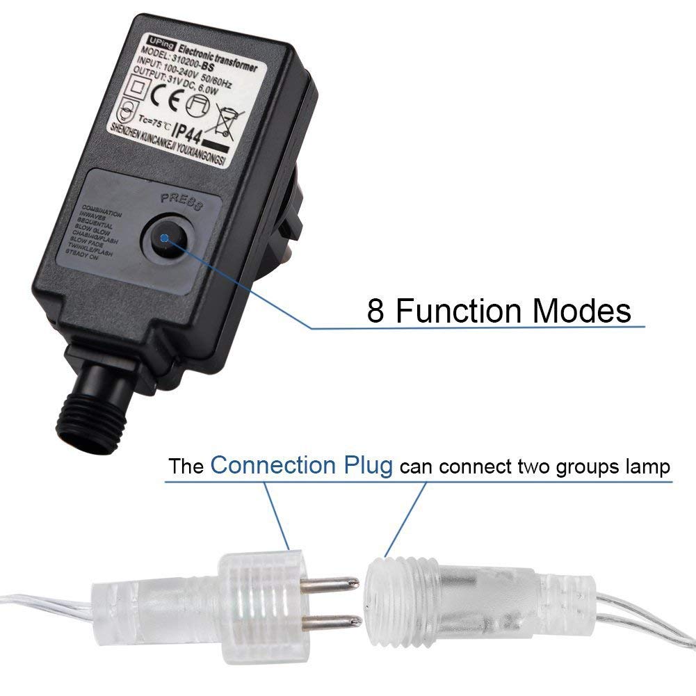 Uping 100 LED Waterproof String Lights, 8 Modes Dimable Fairy Lights, Water Resistant Plug in Decorative Lights for Outdoor and Indoor 12m