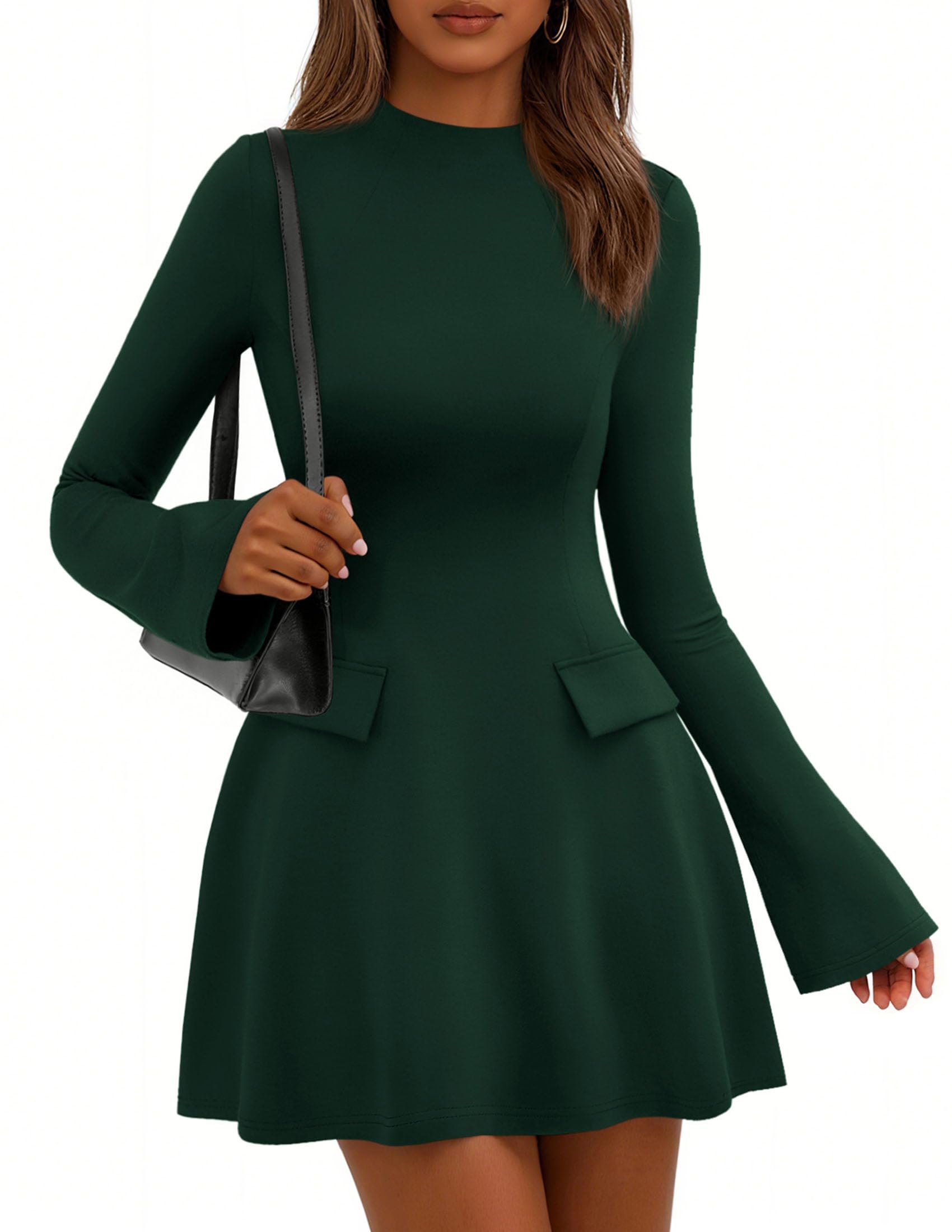 Photo 1 of PRETTYGARDEN Women's Long Sleeve Mini Dress 2025 Fall Bodycon Mock Neck Elegant Business Work Party Short Dresses(Dark Green,Medium)