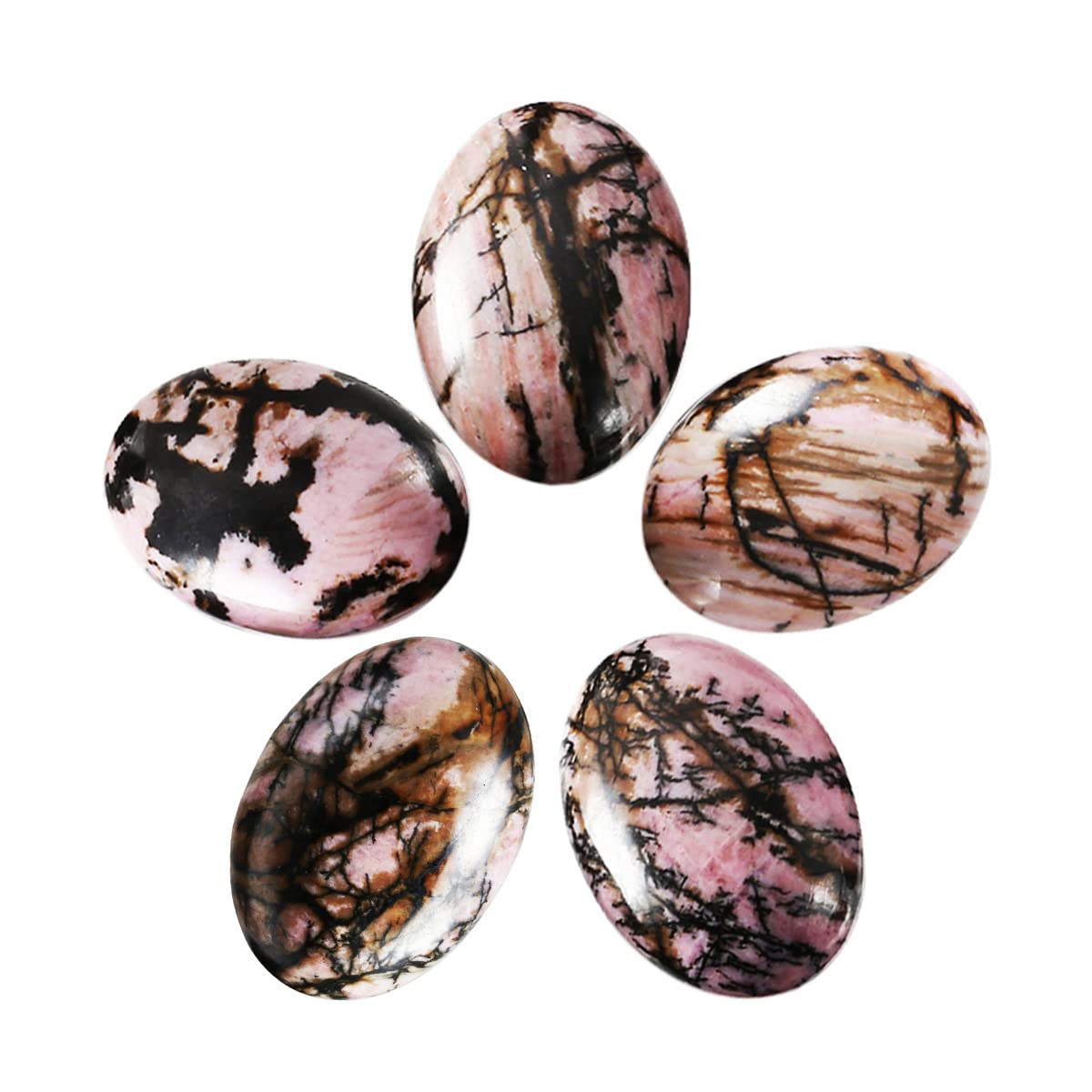 Nupuyai 5pcs Rhodonite Cabochons Crystal Stones for Jewelry Making, Flat Back Oval Stone for DIY Charms 22x30mm