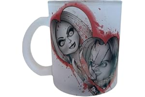 Handmade Frosted Glass Horror Mug – Friends 'Til The End Tiffany & Chucky Design – Blood Splatter Mug with Matching Coaster –