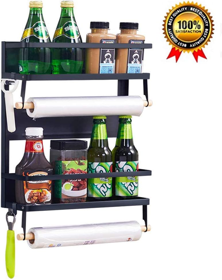 Magnetic Fridge Organizer with 2 Paper Towel Holder, Large Foldable Strong Magnetic Spice Rack with 5 Removable Hooks，Magentic Shelf Hold up to 30LBS (Black)