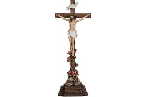 Grace4Joy Standing Crucifix, 14.5 Inches Jesus Christ Standing Cross With Rose-Decorated Base, Hand Painted Crucifix Stand for Catholic Home Table Altar Decor