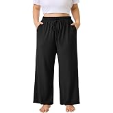 FLYCURVY Plus Size Women Pajama Pants with Pocket L-5XL | Soft Wide Leg Lounge Pants Drawstring Cute Sleep Pants