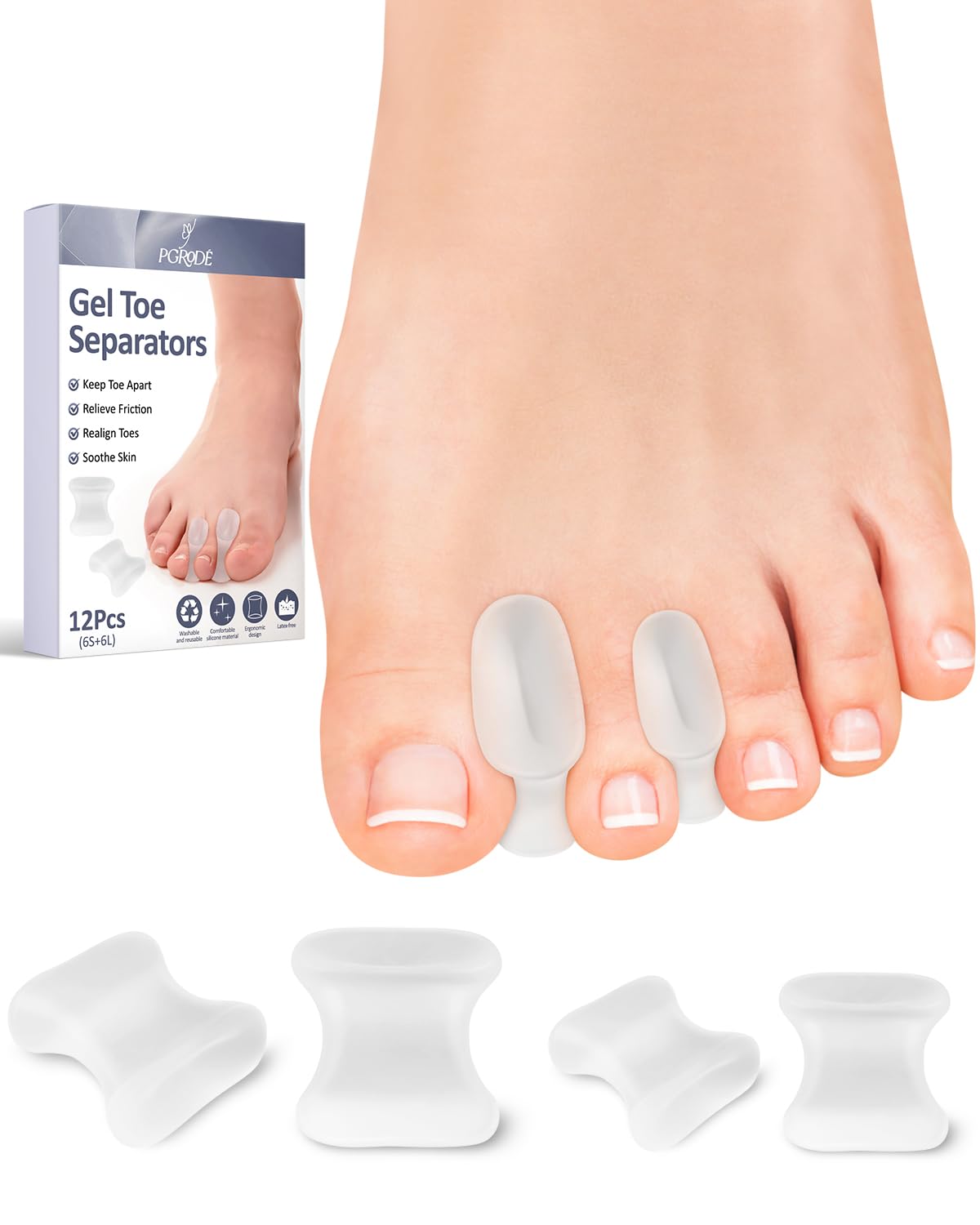 PGRODE 12 Pack Gel Toe Separators, Bunion Spacers with 2 Sizes for Women Men Feet Bunion Corrector, Pain Relief, Soft Silicone Toe Straightener for Crooked, Overlapping, Hammertoe Correction(6L+6S)