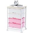 SYKIARIOL Utility Cart with 4 Drawers,Rolling Storage Cart with Drawers,Storage Rolling Drawer Cart with Wooden Tabletop for Bedroom,Kid's Room,Dorm,Classroom,Office,Rose Pink